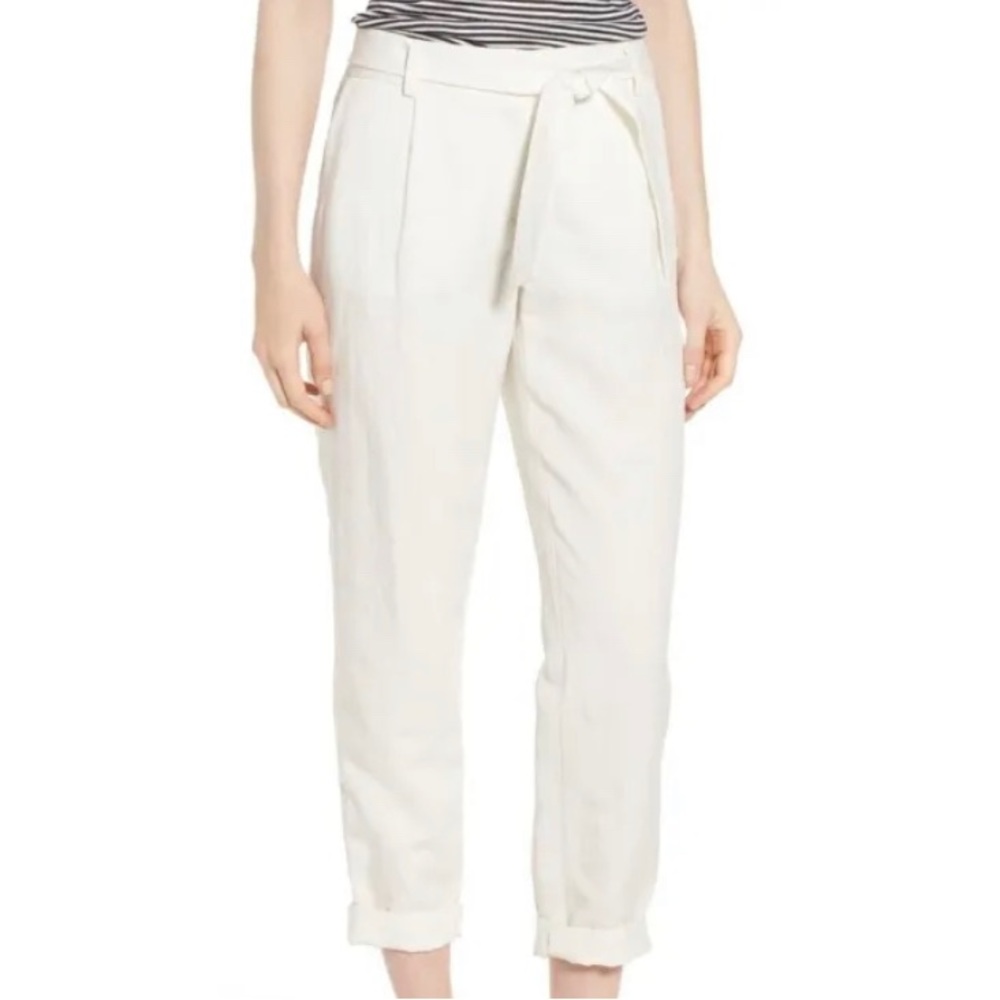Nordstrom Signature Womens White Tie Waist  PaperBag Linen Pants Size 4 NWT 5598
